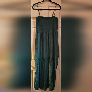 Smocked Green Maxi Sundress with Lace Trim